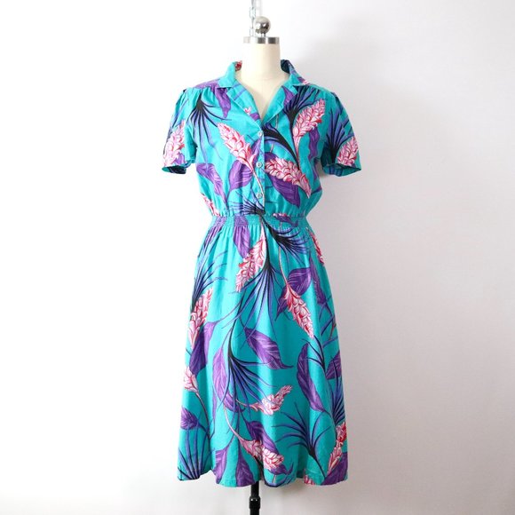 Vintage Dresses & Skirts - vintage 90s tropical ginger floral shirt dress S